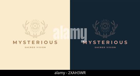 Magisches Auge mit Geweih Logo Emblem Design Vorlage Vektor Illustration in minimaler Linie Art Stil. Lineare mystische Silhouette für Sehen-Logotypen oder Magien Stock Vektor