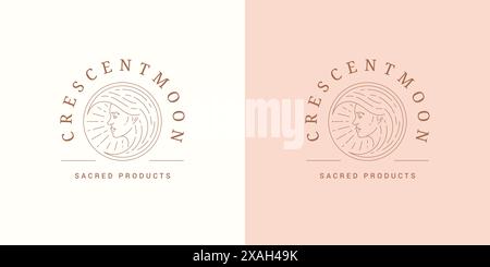 Weibliches Porträt als Mondsichel Logo Emblem Design Vorlage Vektor Illustration in minimaler Linie Art Stil. Lineare Gesichtssilhouette für Esoterik Stock Vektor