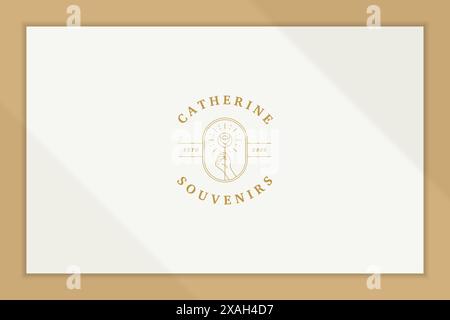 Einfache Vektor-Illustration der eleganten Emblem-Vorlage mit weiblicher Hand, die glänzende gefälschte Rose im ovalen Rahmen hält, entworfen für Souvenirgeschäft Linienart Stock Vektor
