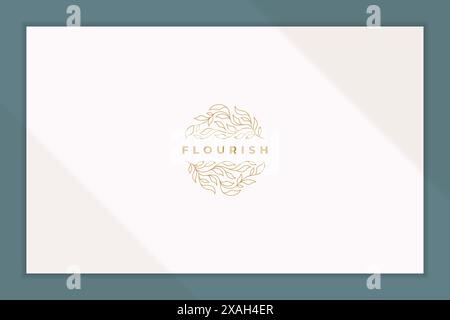 Minimaler Vektor Illustration des linearen Stils Emblem der eleganten Pflanzenblätter im Kreis als Symbol der Blüte angeordnet für die kreative Industrie Stock Vektor