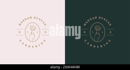 Weibliche Hand hält abstrakte Blume Logo Vorlage lineare Vektor-Illustration. Elegantes Woman Handemblem für Kosmetikverpackungen oder Schönheitsprodukte Stock Vektor