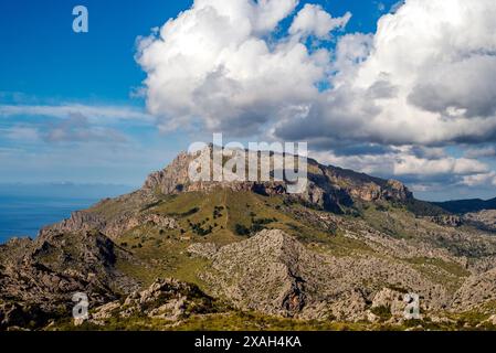 Spektakuläre Aussicht auf den Puig Roig Berg in der Sierra de Tramontana, Westküste Mallorcas, balearen, Spanien Stockfoto