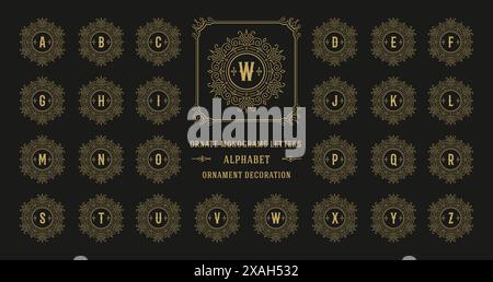 Vintage-Monogramm-Alphabet mit dekorativem Blumengestell. Alte Großbuchstaben Monogramme und filigrane, verzierte Grenze. Schicke victoria Stock Vektor