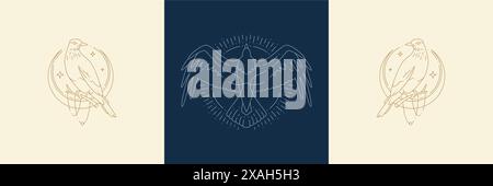 Magische Vögel auf Mond und Flugreabe in Boho linearen Stil Vektor-Illustrationen Set. Einfache Bohème-Embleme in goldenen Linien mit Vögeln und Sicheln für Fo Stock Vektor