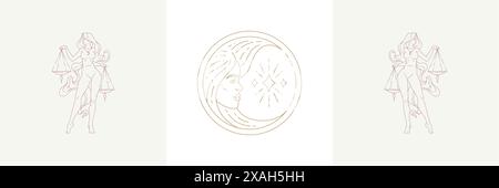 Magisches Frauengesicht als Mondsichel und weibliche libra in Boho-linearen Stil Vektor-Illustrationen gesetzt. Elegante Bohème-Embleme in goldenen Linien feminin Sy Stock Vektor