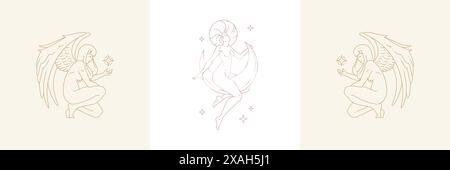 Magische weibliche Kreaturen und Flügel mit Frau auf Mond in Boho lineare Stil Vektor-Illustrationen Set. Böhmische Embleme in goldenen Linien mit Frauensymbol Stock Vektor
