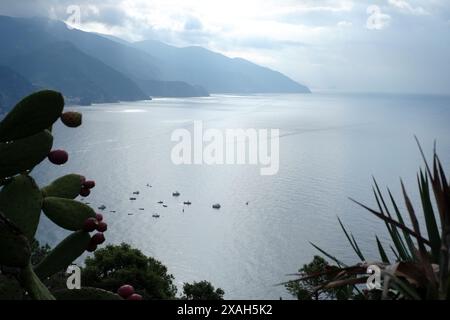 Cinque Terre, Monterosso, Morgenwolke und verstreutes Licht über dem Nationalpark und dem Golf von La Spezia, kleine Boote in der Bucht, der Blick von Punta Mesco Stockfoto