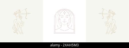 Magischer Frauenkopf und weiblicher sagittarius in Boho-Linear-Stil-Vektor-Illustrationen Set. Elegante Bohème-Embleme in goldenen Linien feminine Symbole für M Stock Vektor