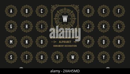 Vintage-Monogramm-Alphabet mit dekorativem Blumengestell. Alte Großbuchstaben Monogramme und filigrane, verzierte Grenze. Schicke victoria Stock Vektor
