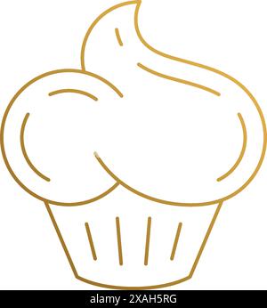 Einfache Vektor-Illustration der linearen Stil Emblem Design Vorlage von köstlichem Cupcake mit süßem Topping Hand gezeichnet mit goldenen Linien Stock Vektor