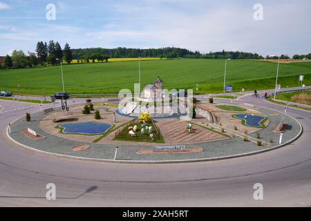 Aus DER VOGELPERSPEKTIVE von einem 6-Meter-Hubgerüst. Kreisverkehr, der die Bauernschaft repräsentiert. In der Mitte befindet sich eine Miniaturburg. Rohr im Kremstal, Oberösterreich, Österreich. Stockfoto