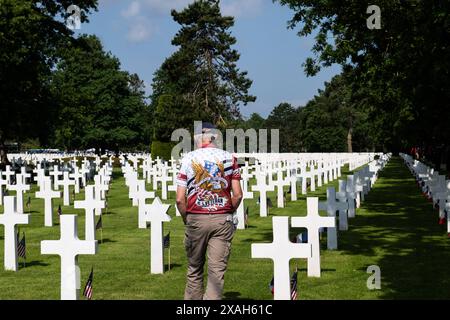 Colleville Sur Mer, Frankreich. Juni 2024. Die Gedenkfeier auf dem amerikanischen Friedhof in der Normandie feiert den 80. Jahrestag der Landungen entlang der normannischen Küste während des Zweiten Weltkriegs. Donnerstag, 6. Juni 2024, Colleville-sur-mer, Normandie. Foto: Jeanne Accorsini/Pool/ABACAPRESS. COM Credit: Abaca Press/Alamy Live News Stockfoto