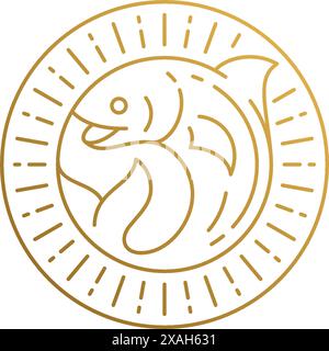 Einfache Vektor-Illustration des linearen Stils Emblem des eleganten stilisierten Fisches im gestreiften Kreis Hand gezeichnet mit dünnen goldenen Linien Stock Vektor