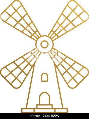 Einfache Vektorillustration der Umrissgrafik-Logo-Design-Vorlage der traditionellen Windmühle für landwirtschaftliche Industrie Hand gezeichnet mit goldenen Linien Stock Vektor