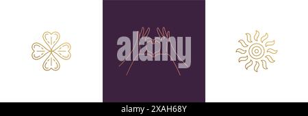 Vektorlinie feminine Dekoration Design Elemente Set - Sonne und weibliche Gesten Hände Illustrationen minimalen linearen Stil. Konturgrafiken der Sammlung für Stock Vektor