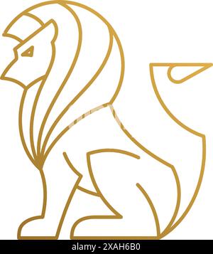 Einfache Vektorillustration der Umrissgrafik Emblem Design Vorlage des starken sitzenden Löwen mit gestreifter Mähne Hand gezeichnet mit goldenen Linien Stock Vektor