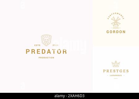 Vektorlinie Logos Embleme Design Vorlagen Set - Löwenkopf und Krone Illustrationen einfache minimalen linearen Stil. Umreißen Sie Grafiken für ein luxuriöses Branding. Stock Vektor
