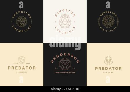 Löwenkopf Logos Vorlagen setzen lineare Vektorillustration. Elegantes Emblems Design für erfolgreiche Geschäftsmarken oder Luxusprodukte Verpackung l Stock Vektor