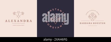 Feminine Logos Embleme Design Vorlagen mit weiblichen Händen Gesten Vektorillustrationen minimaler linearer Stil. Umrisssymbole für Kosmetikverpackungen Stock Vektor