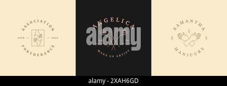 Feminine Logos Embleme Design Vorlagen mit weiblichen Händen Gesten Vektorillustrationen minimaler linearer Stil. Umrisssymbole für Kosmetikverpackungen Stock Vektor
