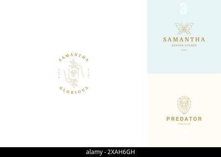Vektorlinie Logos Embleme Design Vorlagen Set - weibliche Gesten Hände Illustrationen einfache minimalen linearen Stil. Konturgrafiken für Schmuck-Branding Stock Vektor