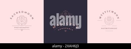 Esoterische Logos Embleme Design Vorlagen Set mit mystischen Mond und Magic Eye Vektor Illustrationen minimalen linearen Stil. Umrisssymbole für Magician Log Stock Vektor