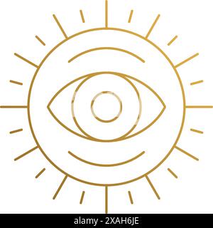 Minimale Vektorillustration der Umrissgrafik Logo Vorlage der goldenen Sonne mit Auge der Vorsehung Hand gezeichnet mit dünnen Linien Stock Vektor