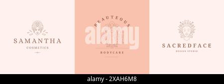 Feminine Logos Embleme Design Vorlagen mit magischen weiblichen Porträts Vektor-Illustrationen minimaler linearer Stil. Umrisssymbole für Friseureingänge Stock Vektor