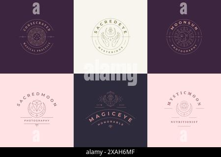 Mystische Logos Embleme Design Vorlagen mit magischen Mond- und Sonnenvektorillustrationen minimalen linearen Stil. Strichgrafik-Symbole für Magier-Schriftzug oder Stock Vektor