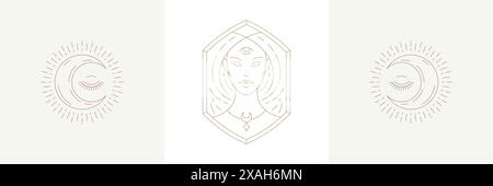 Magische Frau und Mondsichel mit Auge in Boho-linearen Stil Vektor-Illustrationen gesetzt. Elegante Bohème-Embleme zeichnen feminine Symbole für mystische Lo aus Stock Vektor