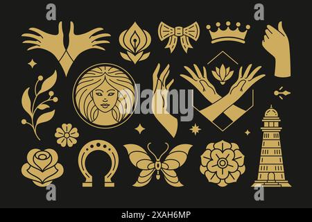 Esoterische Magie und Hexenvektor Design-Elemente mit weiblichen Handgesten. Handgezeichnete Silhouetten, Sammlung spiritueller Aufkleber. Hexerei-Symb Stock Vektor