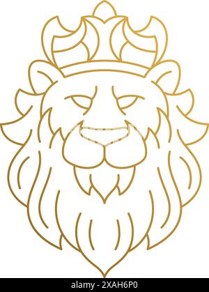 Minimale Vektor-Illustration des Umrissemblems des wunderschönen Löwen in der Krone als König der Tiere Hand gezeichnet mit goldenen Linien Stock Vektor