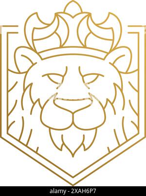 Minimale Vektor-Illustration des Umrissemblems des wunderschönen Löwen in der Krone als König der Tiere Hand gezeichnet mit goldenen Linien Stock Vektor