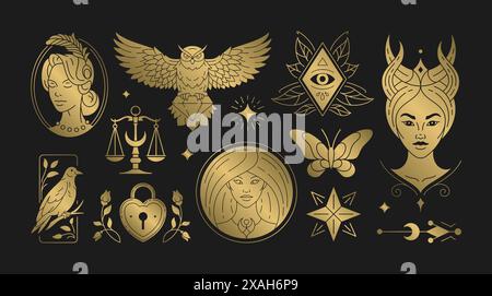 Magic Woman Boho-Vektor-Illustrationen von anmutigen weiblichen Frauen und esoterischen Symbolen gesetzt. Geheimnisvolle und Hexerei-Line-Art-Designelemente. Böhmen Stock Vektor