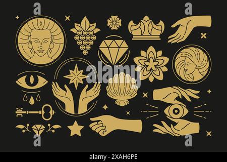 Esoterische Magie und Hexenvektor Design-Elemente mit weiblichen Handgesten. Handgezeichnete Silhouetten, Sammlung spiritueller Aufkleber. Hexerei-Symb Stock Vektor