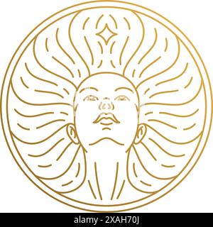 Einfache Vektorillustration der linearen Stil Emblem Vorlage mit Kopf der schönen Frau im runden Rahmen Hand gezeichnet mit goldenen Linien Stock Vektor