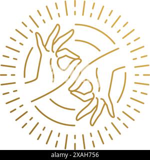 Minimale Vektorillustration der linearen Stil Emblem Vorlage weiblicher Hände tun Mudra des Wissens in glänzenden Kreis mit goldenen Linien gezeichnet Stock Vektor