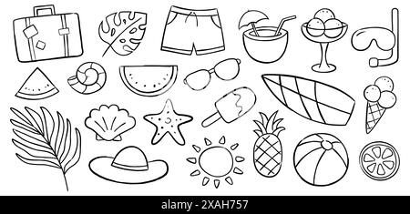 Sommer-Icon-Doodle-Set auf weißem Hintergrund. Handgezeichnete Symbole und Objekte im Sommer. Stock Vektor