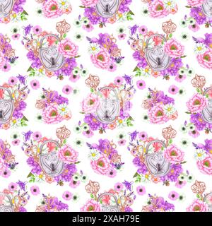 Handgezeichneter Blumenstrauß mit Vintage-Schlössern und nahtlosem Muster. Barocke Illustration isoliert auf weißem Hintergrund. Kann für Text verwendet werden Stockfoto