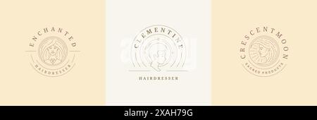 Feminine Logos Embleme Design Vorlagen Set mit magischen weiblichen Porträts Vektor-Illustrationen minimaler Line Art Stil. Umrisssymbole für Friseur i Stock Vektor