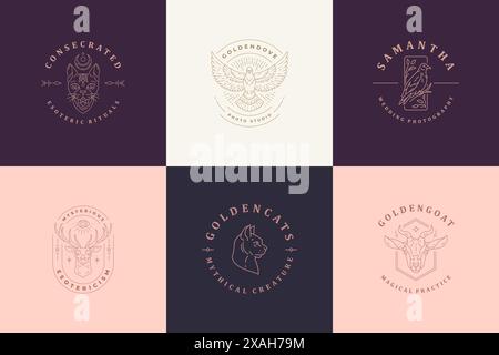 Tiere Logos Embleme Design Vorlagen Set Vektorillustrationen minimalen linearen Stil. Strichgrafik-Symbole für Magier-Schriftzug oder Hexerei-Insignia br Stock Vektor
