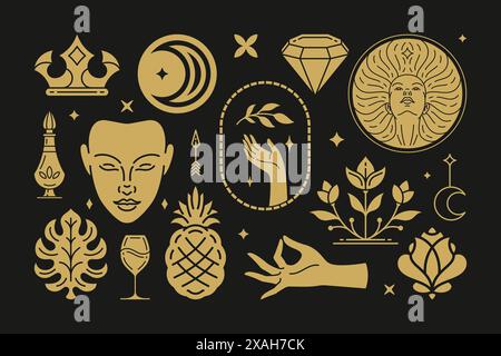 Esoterische Magie und Hexenvektor Design-Elemente mit weiblichen Handgesten. Handgezeichnete Silhouetten, Sammlung spiritueller Aufkleber. Hexerei-Symb Stock Vektor