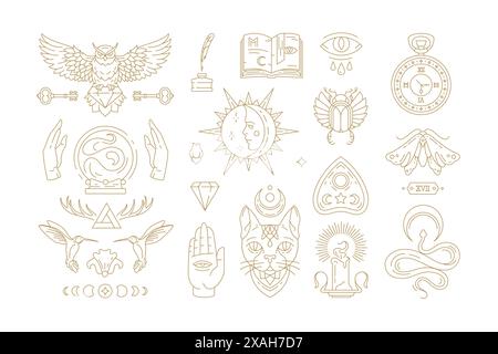 Esoterische und mystische lineare Symbole setzen Vektorillustrationen. Mythische Katze, Mondsichel, Hexerei-Embleme und andere Zeilenart-Elemente isoliert auf b Stock Vektor