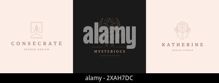 Mystische Logos Embleme Design Vorlagen mit magischem Mond und weiblichen Händen Vektor Illustrationen minimalen linearen Stil. Strichbildsymbole für Zauberer lo Stock Vektor