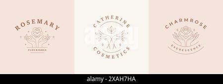 Feminine Logos Embleme Design Vorlagen Set mit Frauenhänden und Blumen Vektor Illustrationen minimaler Linie Art Stil. Umrisssymbole für Kosmetika und Stock Vektor