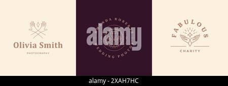 Feminine Logos Embleme Design Vorlagen mit weiblichen Händen Gesten Vektor-Illustrationen minimaler Linienart Stil. Umrisssymbole für Kosmetikverpackungen Stock Vektor