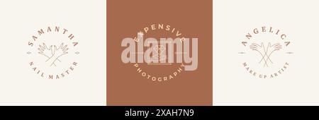 Feminine Logos Embleme Design Vorlagen mit weiblichen Händen Gesten Vektor-Illustrationen minimaler Linienart Stil. Kontursymbole für Kosmetik und Stock Vektor