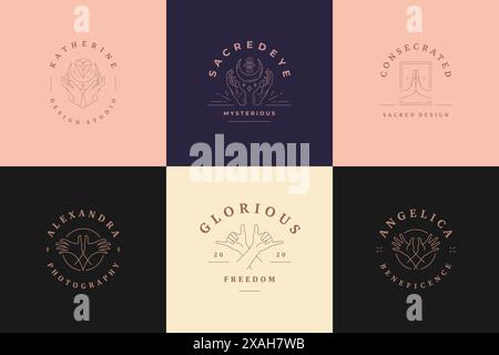Mystische Logos Embleme Design Vorlagen mit magischem Mond und weiblichen Händen Vektor Illustrationen minimalen linearen Stil. Strichbildsymbole für Zauberer lo Stock Vektor