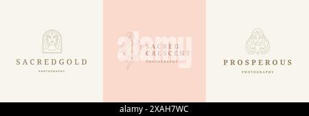 Feminine Logos Embleme Design Vorlagen mit magischen weiblichen Vektorabbildungen minimalen linearen Stil. Umrisssymbole für Friseurabzeichen oder b Stock Vektor
