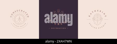 Mystische Logos Embleme Design Vorlagen mit magischem Mond und weiblichen Händen Vektor Illustrationen minimalen linearen Stil. Strichbildsymbole für Zauberer lo Stock Vektor